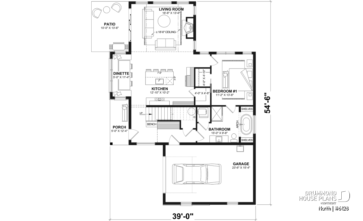 1st level - 2-story house plan North (#6128) with garage, 2 bedrooms + optional 3rd, bright with STÛV s21 fireplace - North