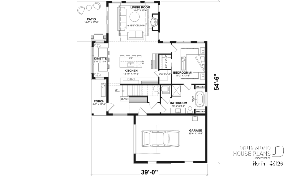 1st level - 2-story house plan North (#6128) with garage, 2 bedrooms + optional 3rd, bright with STÛV s21 fireplace - North
