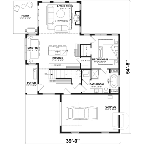 1st level - 2-story house plan North (#6128) with garage, 2 bedrooms + optional 3rd, bright with STÛV s21 fireplace - North