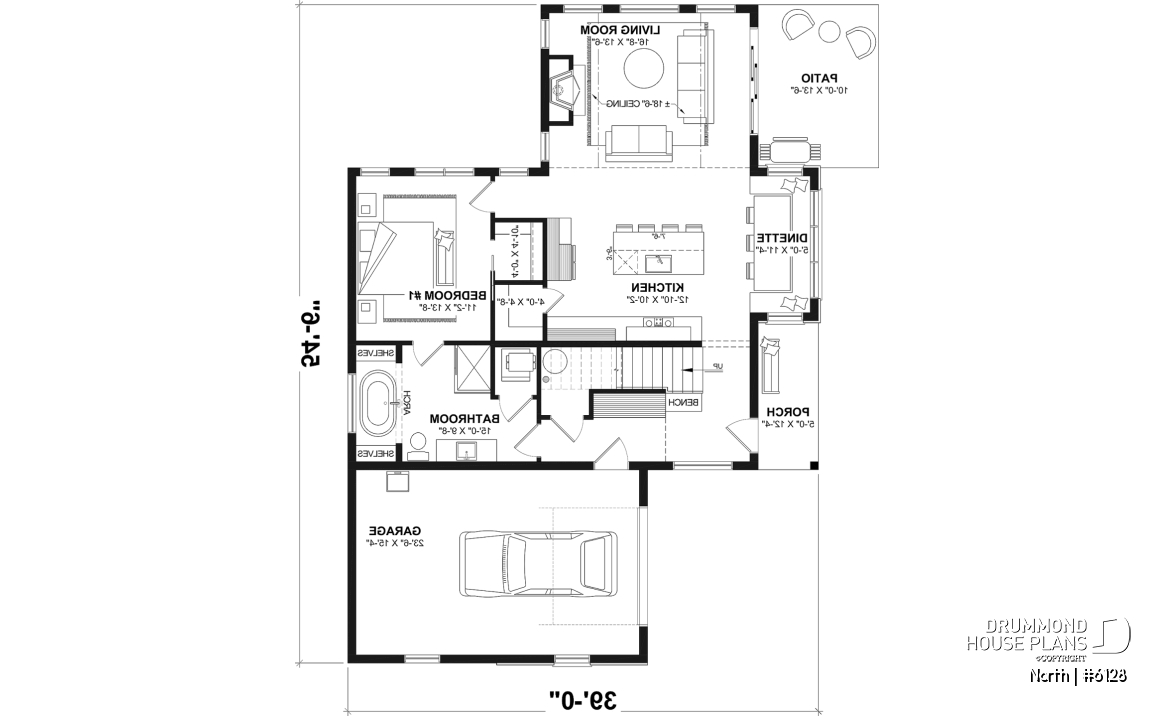 1st level - 2-story house plan North (#6128) with garage, 2 bedrooms + optional 3rd, bright with STÛV s21 fireplace - North