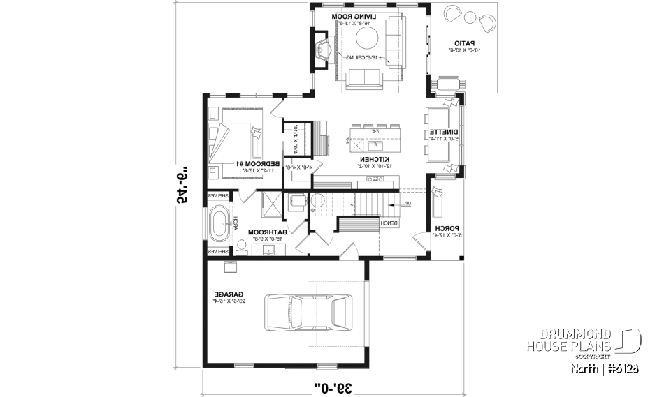 1st level - 2-story house plan North (#6128) with garage, 2 bedrooms + optional 3rd, bright with STÛV s21 fireplace - North