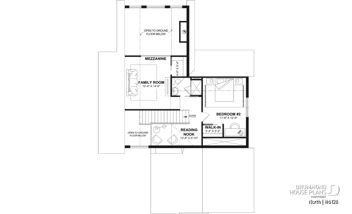 2nd level - 2-story house plan North (#6128) with garage, 2 bedrooms + optional 3rd, bright with STÛV s21 fireplace - North