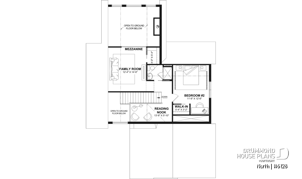 2nd level - 2-story house plan North (#6128) with garage, 2 bedrooms + optional 3rd, bright with STÛV s21 fireplace - North