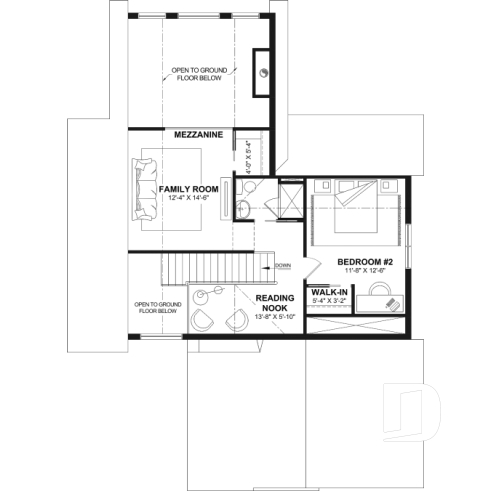 2nd level - 2-story house plan North (#6128) with garage, 2 bedrooms + optional 3rd, bright with STÛV s21 fireplace - North