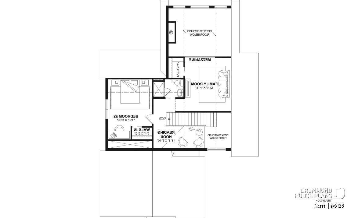 2nd level - 2-story house plan North (#6128) with garage, 2 bedrooms + optional 3rd, bright with STÛV s21 fireplace - North