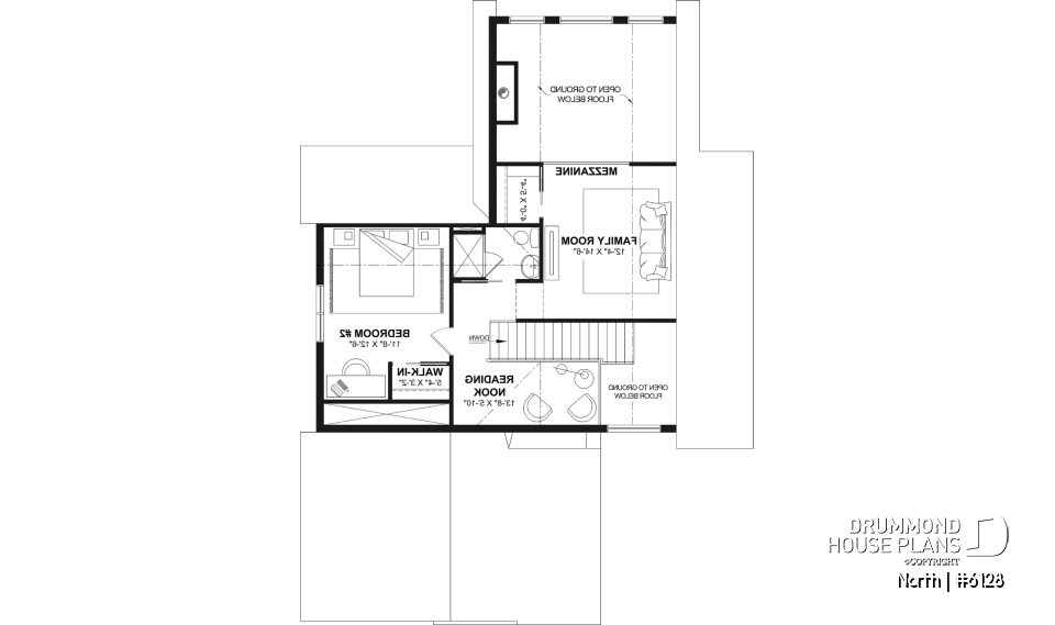 2nd level - 2-story house plan North (#6128) with garage, 2 bedrooms + optional 3rd, bright with STÛV s21 fireplace - North