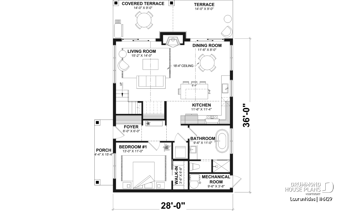 1st level - Rustic cottage house plan with mezzanine, cathedral ceiling and bright, inviting open-concept living space - Laurentides