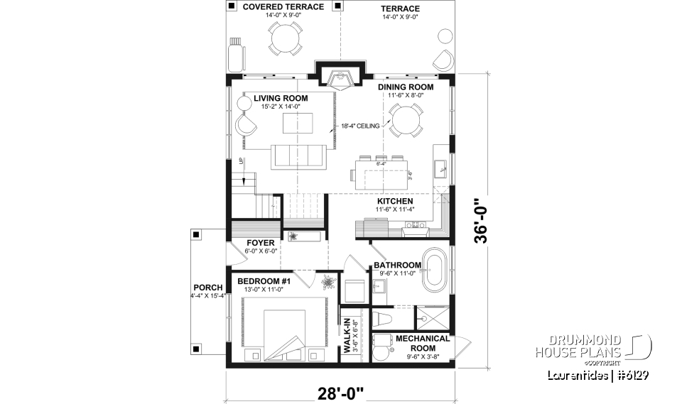 1st level - Rustic cottage house plan with mezzanine, cathedral ceiling and bright, inviting open-concept living space - Laurentides