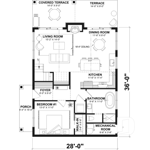 1st level - Rustic cottage house plan with mezzanine, cathedral ceiling and bright, inviting open-concept living space - Laurentides