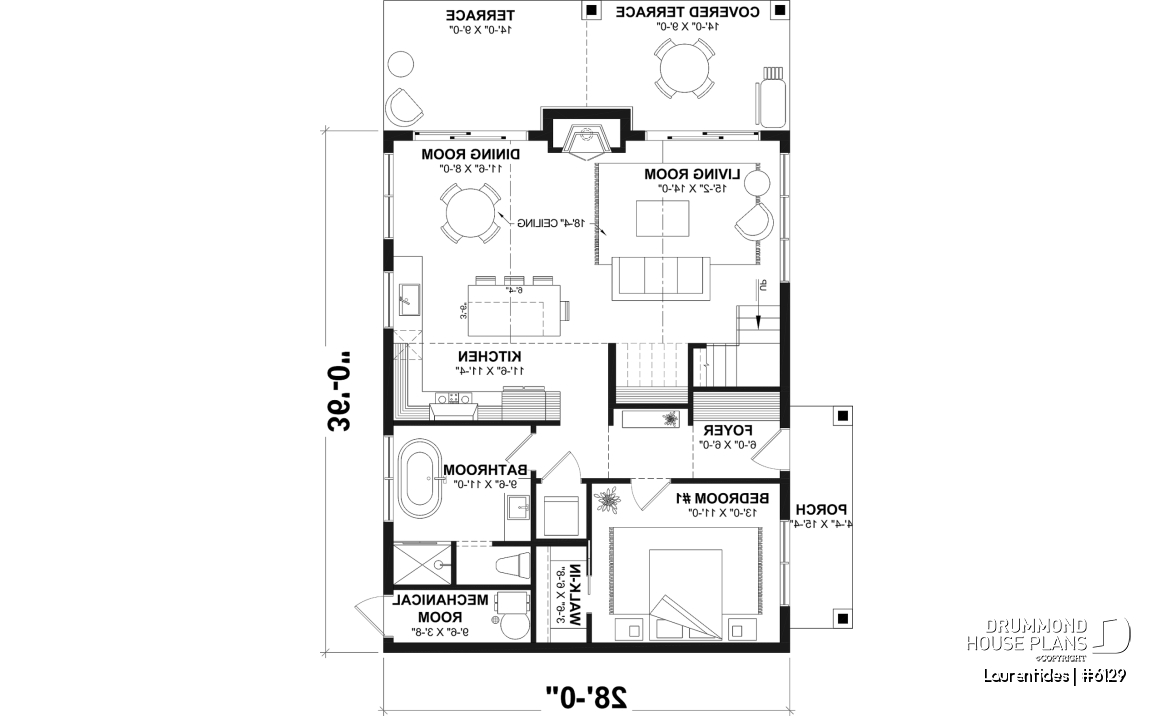 1st level - Rustic cottage house plan with mezzanine, cathedral ceiling and bright, inviting open-concept living space - Laurentides