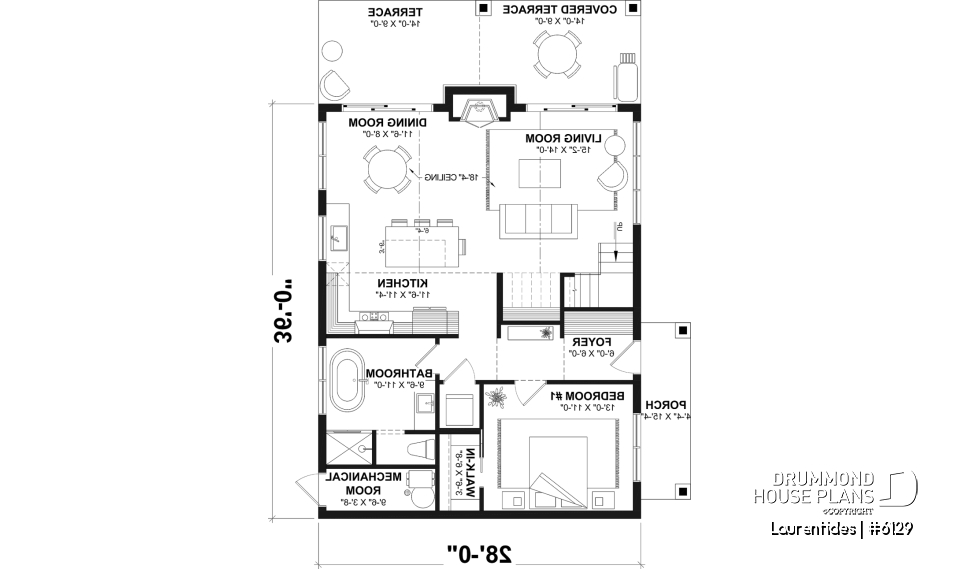 1st level - Rustic cottage house plan with mezzanine, cathedral ceiling and bright, inviting open-concept living space - Laurentides