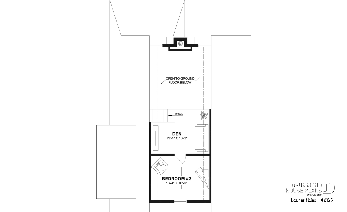 2nd level - Rustic cottage house plan with mezzanine, cathedral ceiling and bright, inviting open-concept living space - Laurentides