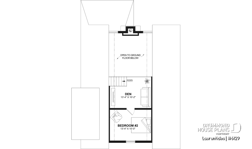 2nd level - Rustic cottage house plan with mezzanine, cathedral ceiling and bright, inviting open-concept living space - Laurentides