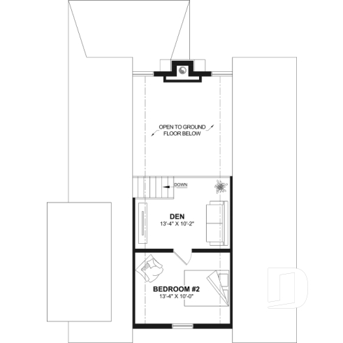 2nd level - Rustic cottage house plan with mezzanine, cathedral ceiling and bright, inviting open-concept living space - Laurentides