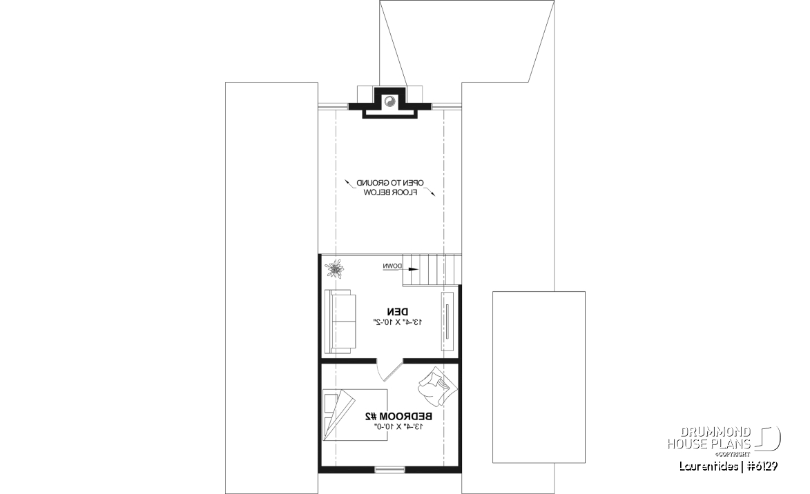 2nd level - Rustic cottage house plan with mezzanine, cathedral ceiling and bright, inviting open-concept living space - Laurentides