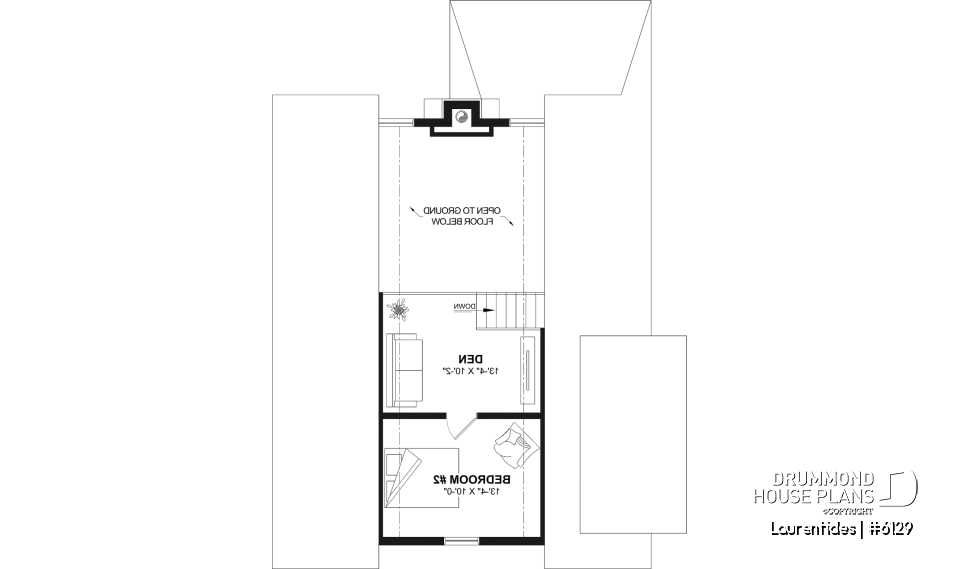 2nd level - Rustic cottage house plan with mezzanine, cathedral ceiling and bright, inviting open-concept living space - Laurentides