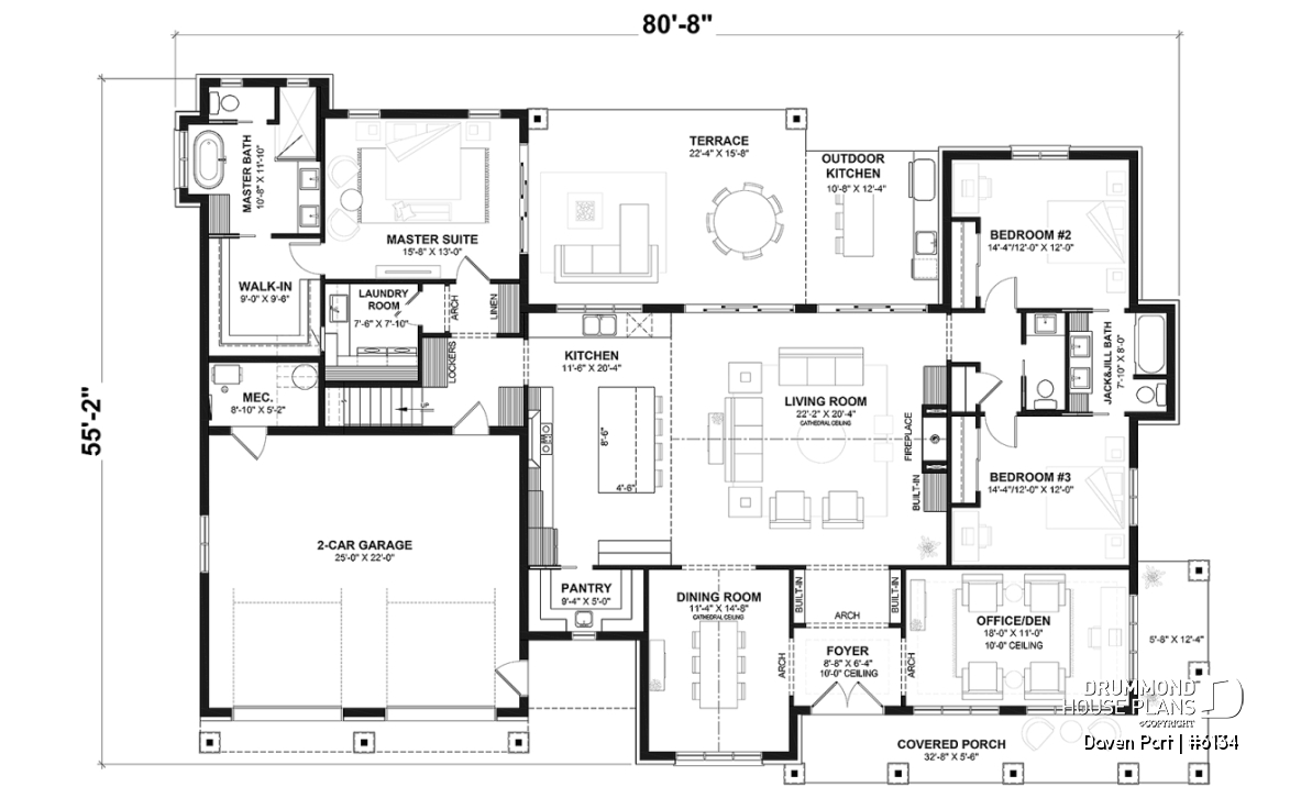 1st level - One-story modern farmhouse with 3 bedrooms, flex room, bonus room, outdoor kitchen and slab foundation. - Daven Port