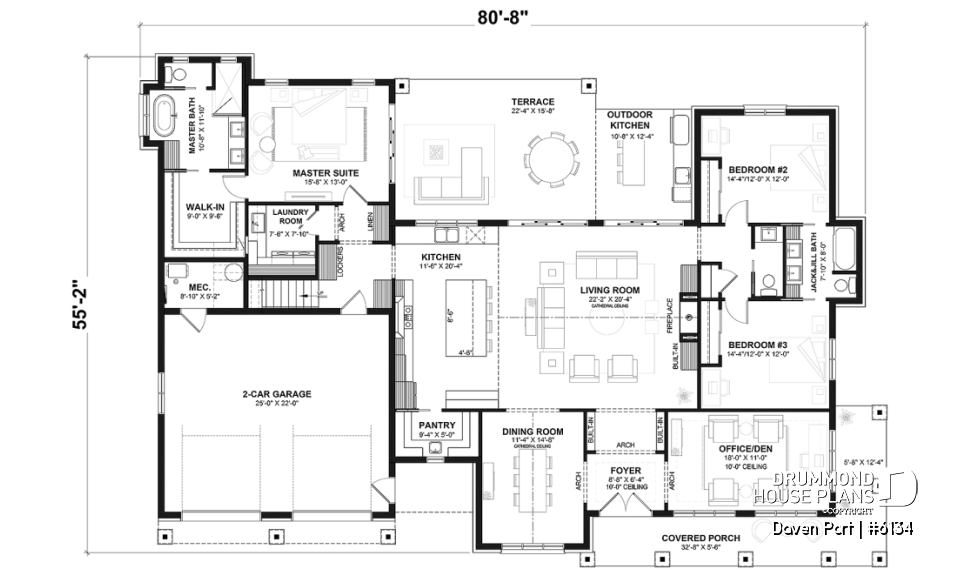 1st level - One-story modern farmhouse with 3 bedrooms, flex room, bonus room, outdoor kitchen and slab foundation. - Daven Port