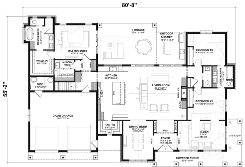 1st level - One-story modern farmhouse with 3 bedrooms, flex room, bonus room, outdoor kitchen and slab foundation. - Daven Port