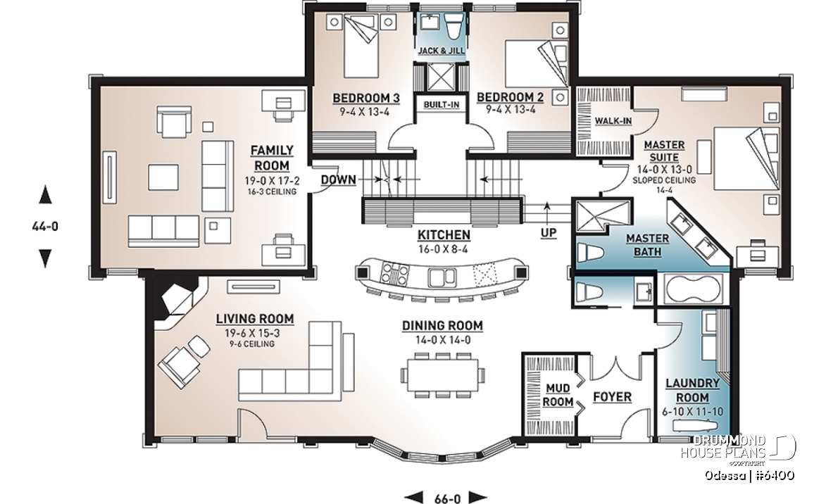 1st level - Large 3 bedroom beachfront or lakefront modern house plan, Xlarge second floor deck, 2 family rooms, fireplace - Odessa