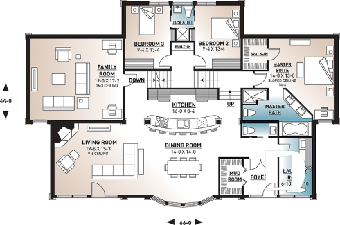 1st level - Large 3 bedroom beachfront or lakefront modern house plan, Xlarge second floor deck, 2 family rooms, fireplace - Odessa