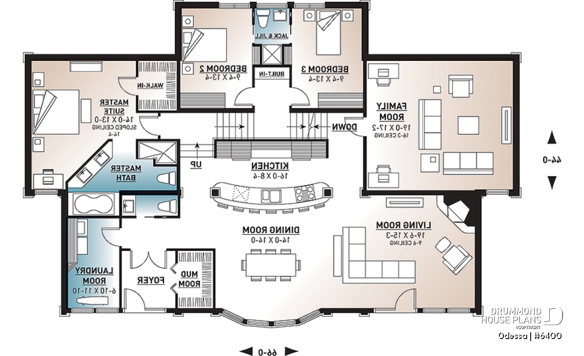 1st level - Large 3 bedroom beachfront or lakefront modern house plan, Xlarge second floor deck, 2 family rooms, fireplace - Odessa