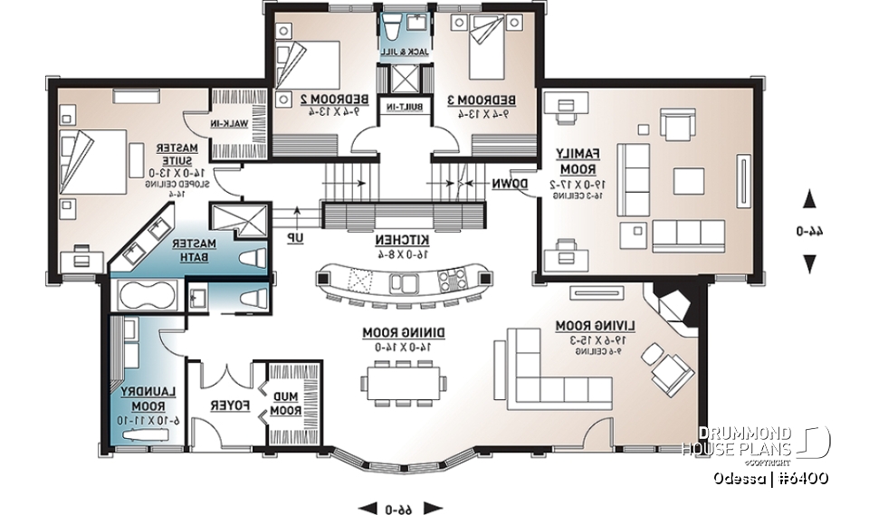 1st level - Large 3 bedroom beachfront or lakefront modern house plan, Xlarge second floor deck, 2 family rooms, fireplace - Odessa