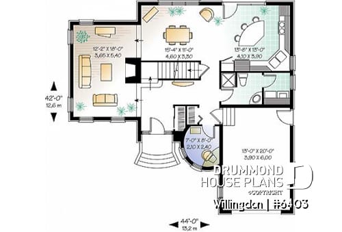 1st level - European style 3 bedroom house plan, home office, large sunken living room, garage, walk-in in master - Willingdon