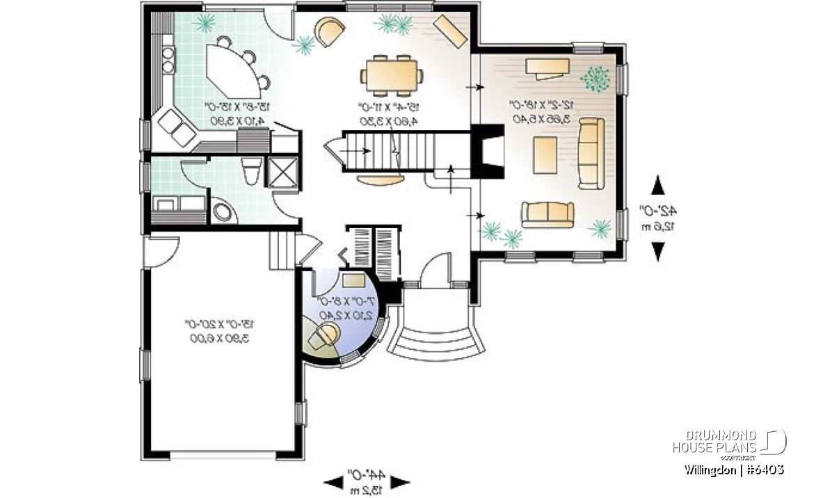 1st level - European style 3 bedroom house plan, home office, large sunken living room, garage, walk-in in master - Willingdon