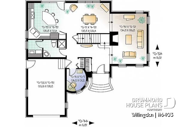 1st level - European style 3 bedroom house plan, home office, large sunken living room, garage, walk-in in master - Willingdon