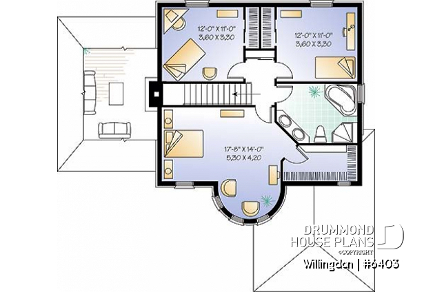 2nd level - European style 3 bedroom house plan, home office, large sunken living room, garage, walk-in in master - Willingdon