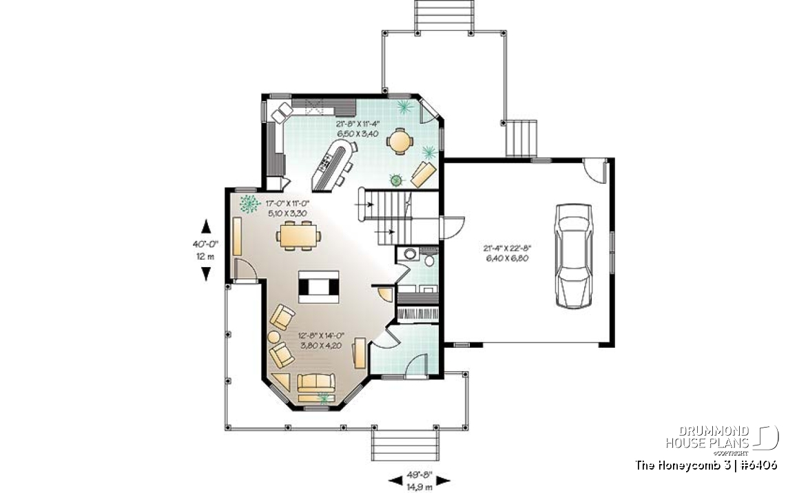 1st level - Victorian style farmhouse home plan, 3 bedrooms + large bonus room above 2-car garage, fireplace - The Honeycomb 3