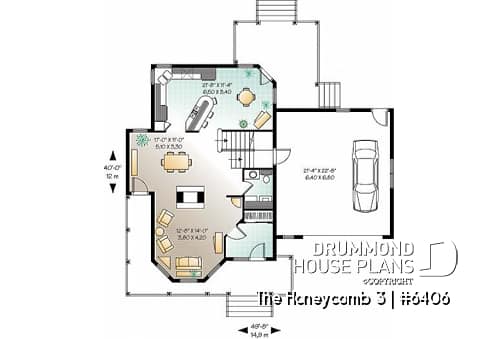 1st level - Victorian style farmhouse home plan, 3 bedrooms + large bonus room above 2-car garage, fireplace - The Honeycomb 3