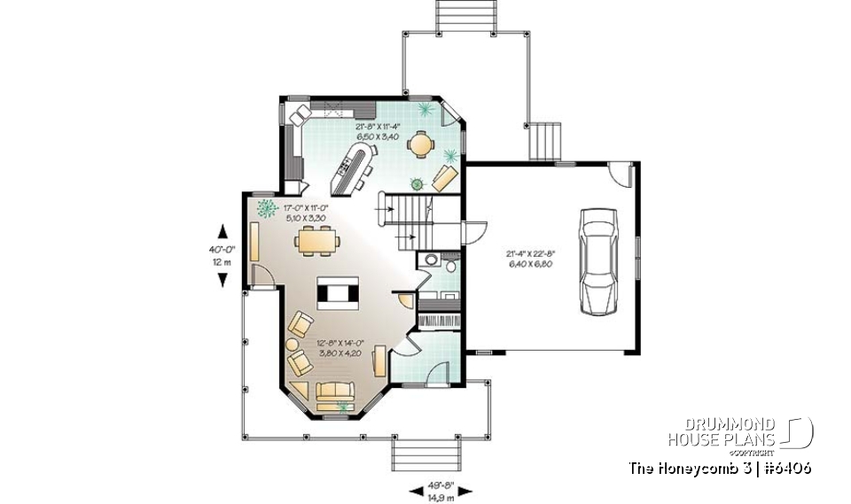 1st level - Victorian style farmhouse home plan, 3 bedrooms + large bonus room above 2-car garage, fireplace - The Honeycomb 3