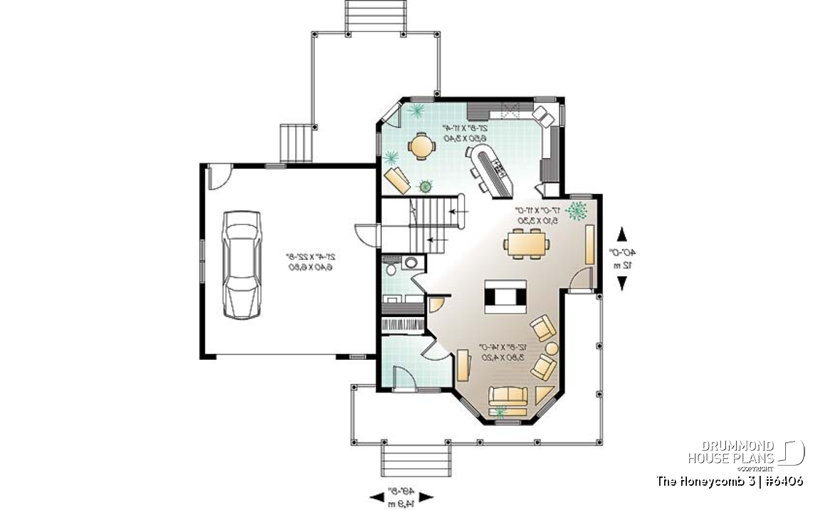 1st level - Victorian style farmhouse home plan, 3 bedrooms + large bonus room above 2-car garage, fireplace - The Honeycomb 3