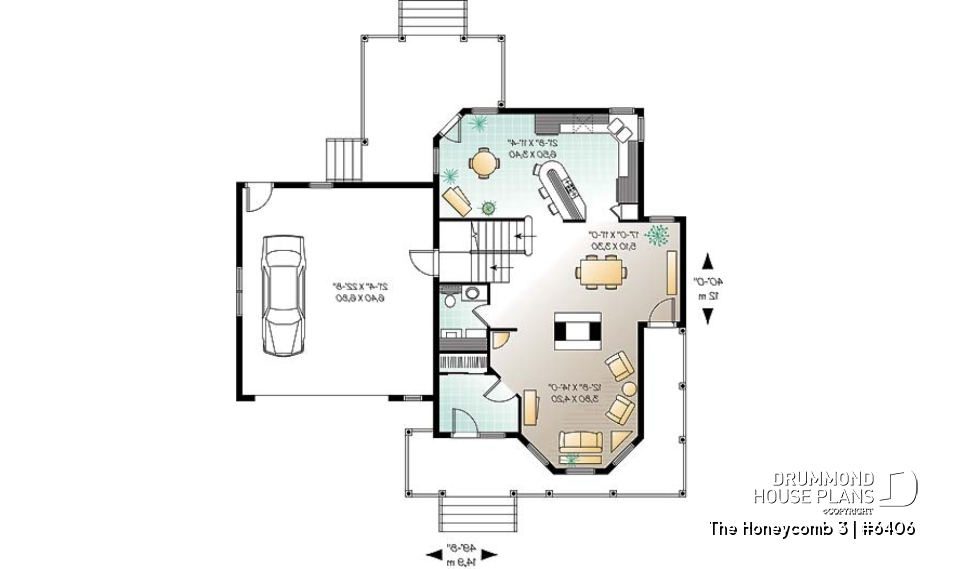 1st level - Victorian style farmhouse home plan, 3 bedrooms + large bonus room above 2-car garage, fireplace - The Honeycomb 3