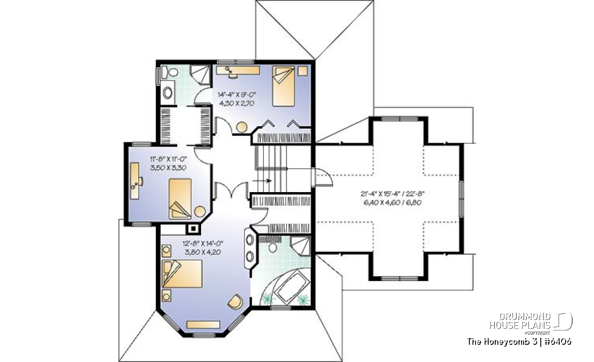 2nd level - Victorian style farmhouse home plan, 3 bedrooms + large bonus room above 2-car garage, fireplace - The Honeycomb 3