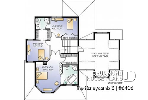 2nd level - Victorian style farmhouse home plan, 3 bedrooms + large bonus room above 2-car garage, fireplace - The Honeycomb 3