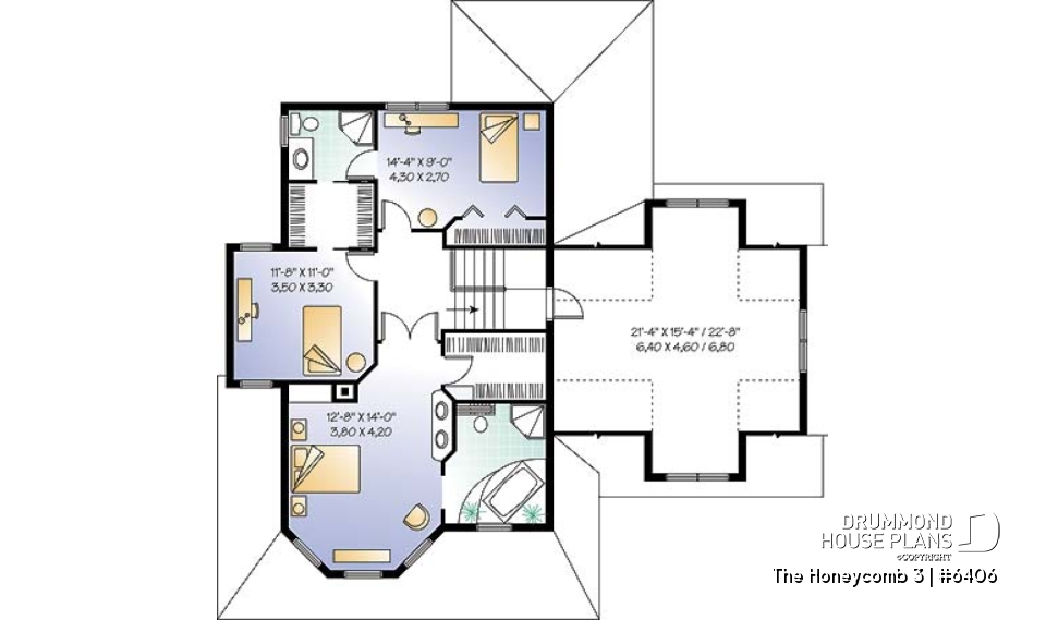 2nd level - Victorian style farmhouse home plan, 3 bedrooms + large bonus room above 2-car garage, fireplace - The Honeycomb 3