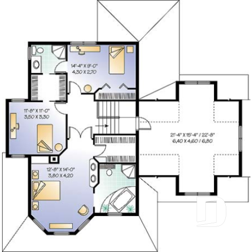 2nd level - Victorian style farmhouse home plan, 3 bedrooms + large bonus room above 2-car garage, fireplace - The Honeycomb 3