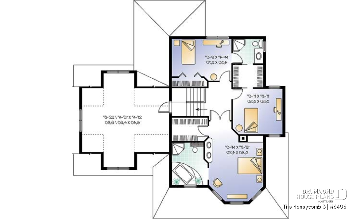 2nd level - Victorian style farmhouse home plan, 3 bedrooms + large bonus room above 2-car garage, fireplace - The Honeycomb 3