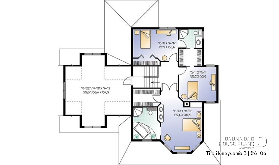 2nd level - Victorian style farmhouse home plan, 3 bedrooms + large bonus room above 2-car garage, fireplace - The Honeycomb 3