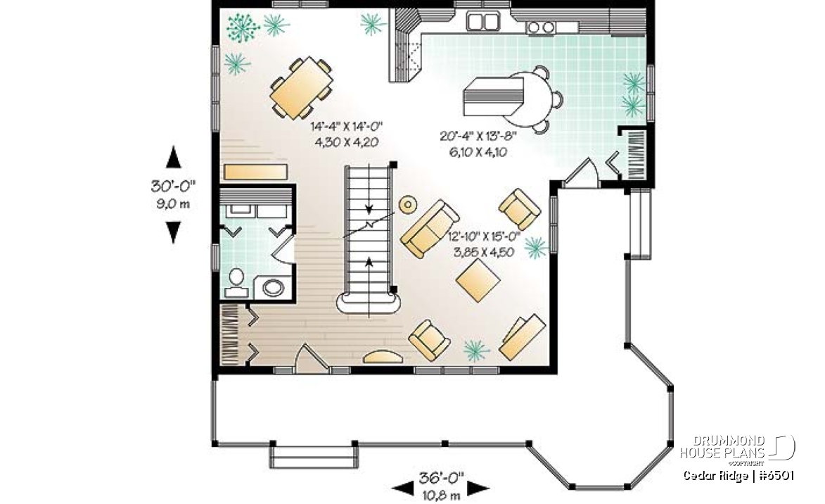 1st level - 3 bedroom country style house plan with cathedral ceiling, two-storey, great balcony - Cedar Ridge