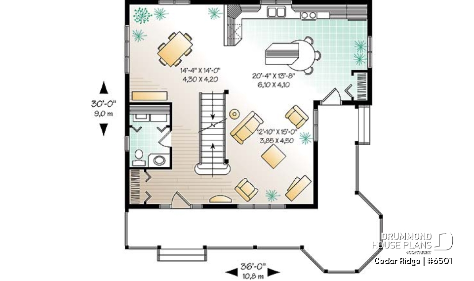 1st level - 3 bedroom country style house plan with cathedral ceiling, two-storey, great balcony - Cedar Ridge