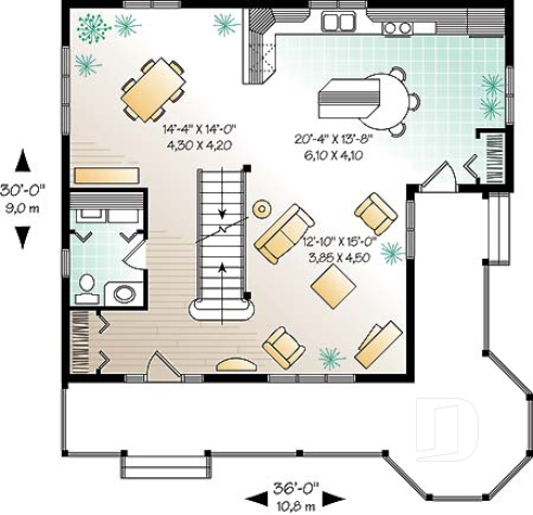 1st level - 3 bedroom country style house plan with cathedral ceiling, two-storey, great balcony - Cedar Ridge