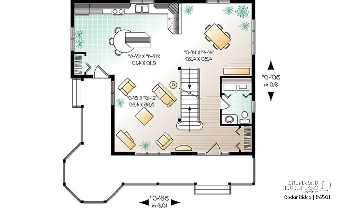 1st level - 3 bedroom country style house plan with cathedral ceiling, two-storey, great balcony - Cedar Ridge