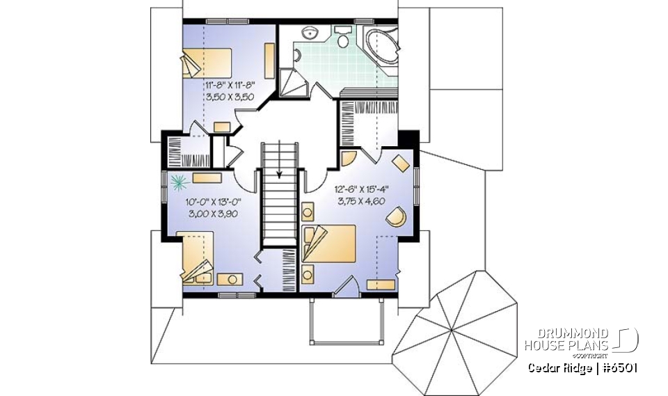 2nd level - 3 bedroom country style house plan with cathedral ceiling, two-storey, great balcony - Cedar Ridge