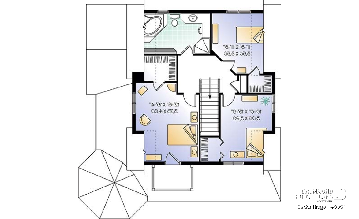 2nd level - 3 bedroom country style house plan with cathedral ceiling, two-storey, great balcony - Cedar Ridge