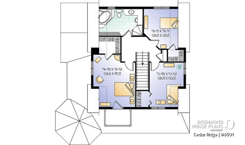 2nd level - 3 bedroom country style house plan with cathedral ceiling, two-storey, great balcony - Cedar Ridge