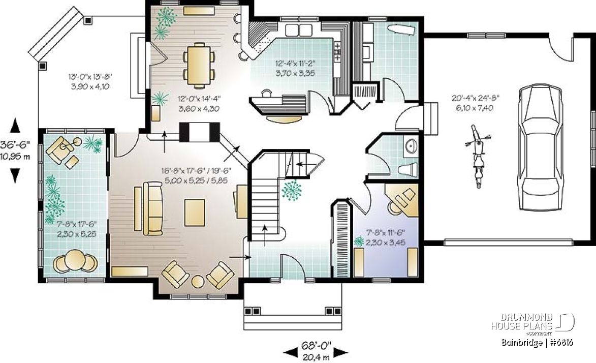1st level - Traditional house plan, 3 bedrooms, master suite with private terrace, home office, sunken living room - Bainbridge